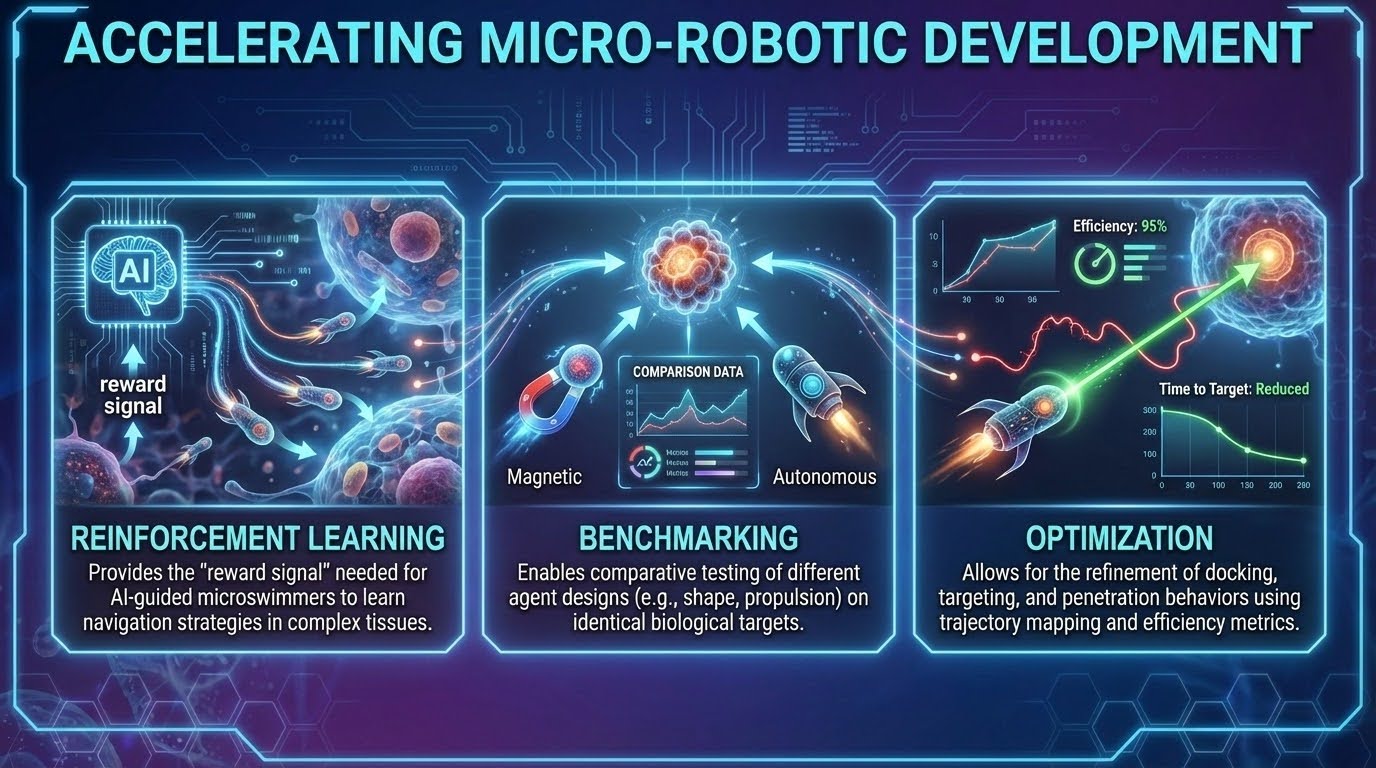 Infographic titled 'Accelerating Micro-Robotic Development' illustrating three key applications: 1. Reinforcement Learning (providing ground-truth reward signals for AI-guided microswimmers in complex tissues). 2. Benchmarking (enabling comparative testing of varied agent designs, such as magnetic vs. autonomous, on identical targets). 3. Optimization (refining docking and penetration behaviors using trajectory mapping and efficiency metrics).