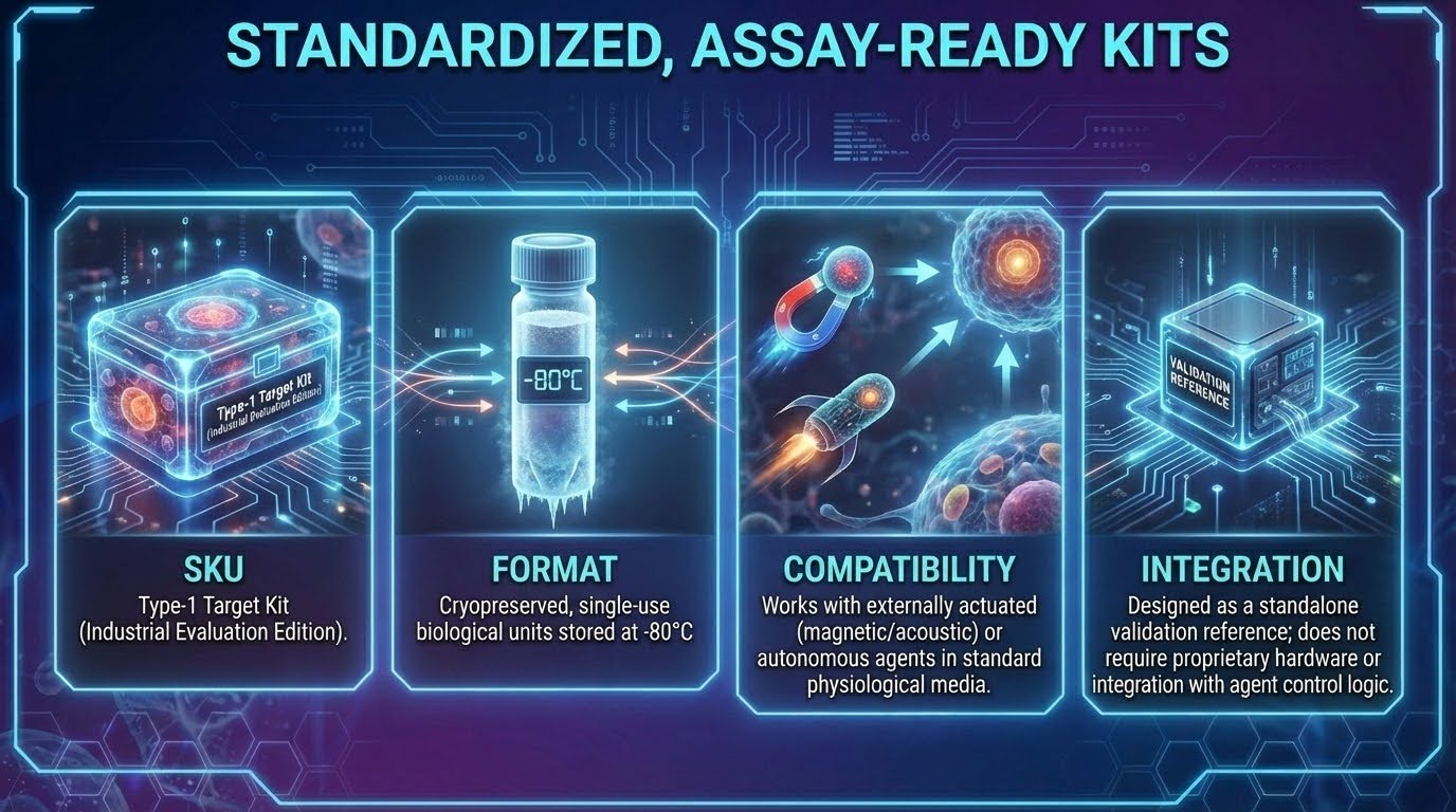 Product specification infographic titled 'Standardized, Assay-Ready Kits' detailing four key features: 1. SKU (Type-1 Target Kit, Industrial Evaluation Edition). 2. Format (cryopreserved, single-use biological units stored at -80°C). 3. Compatibility (works with magnetic, acoustic, or autonomous agents in physiological media). 4. Integration (standalone validation reference requiring no proprietary hardware).