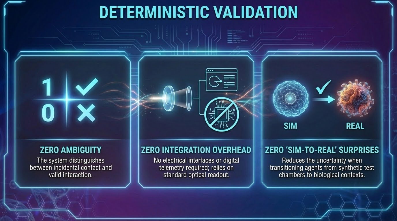 Infographic titled 'Deterministic Validation' highlighting three Near Zero advantages: 1. Zero Ambiguity (distinguishes incidental contact from valid interaction). 2. Zero Integration Overhead (relies on standard optical readout with no electrical interfaces). 3. Zero 'Sim-to-Real' Surprises (reduces uncertainty when transitioning agents from synthetic chambers to real biological contexts).