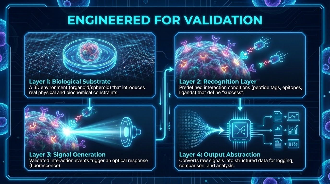 Platform architecture diagram titled 'Engineered for Validation' detailing the four-layer system: 1. Biological Substrate (a 3D organoid environment introducing real physical constraints). 2. Recognition Layer (predefined peptide tags or ligands that define 'success'). 3. Signal Generation (dual-channel optical fluorescence triggered by validated interactions). 4. Output Abstraction (conversion of raw signals into structured data for logging and analysis).