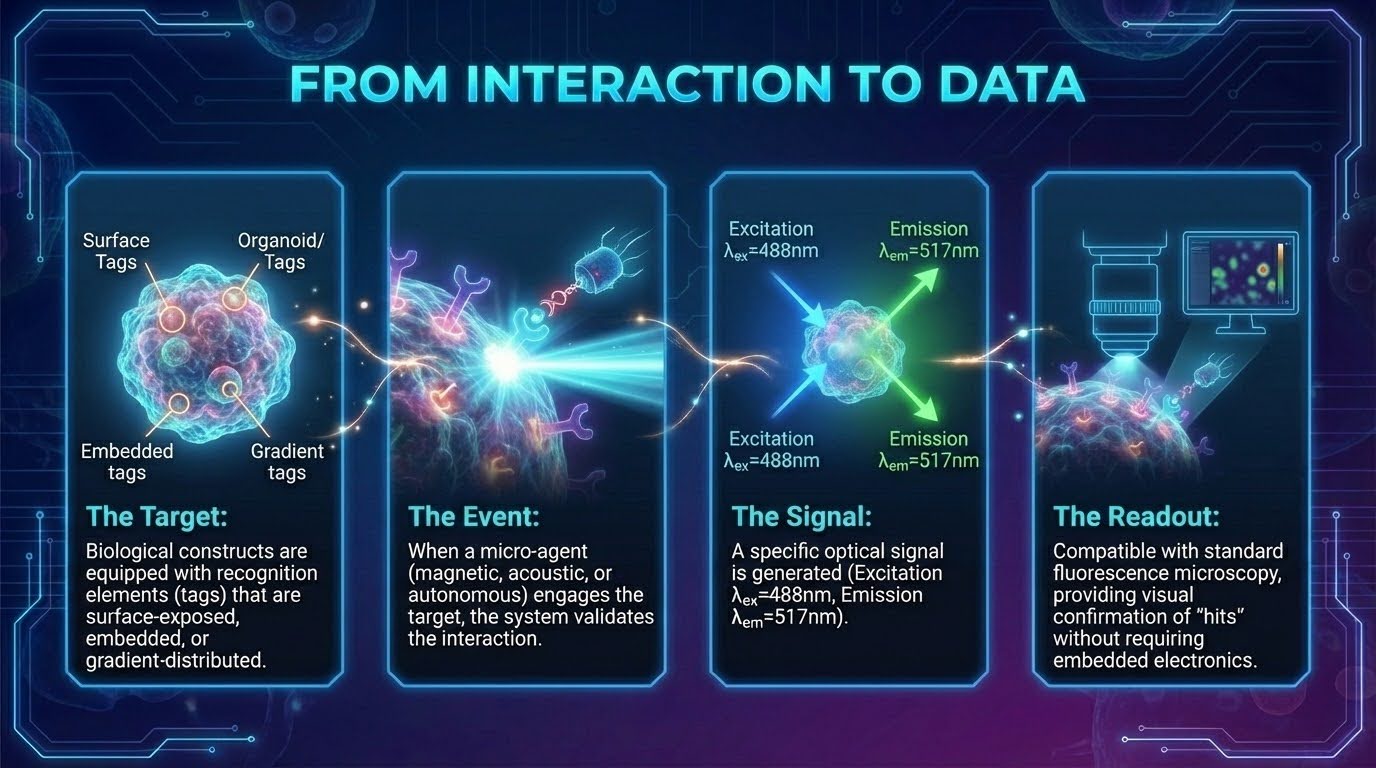 Technical workflow diagram titled 'From Interaction to Data': 1. The Target (biological constructs with surface, embedded, or gradient tags). 2. The Event (system validation of micro-agent engagement). 3. The Signal (generation of optical output at Excitation 488nm and Emission 517nm). 4. The Readout (visual confirmation via standard fluorescence microscopy without proprietary hardware).