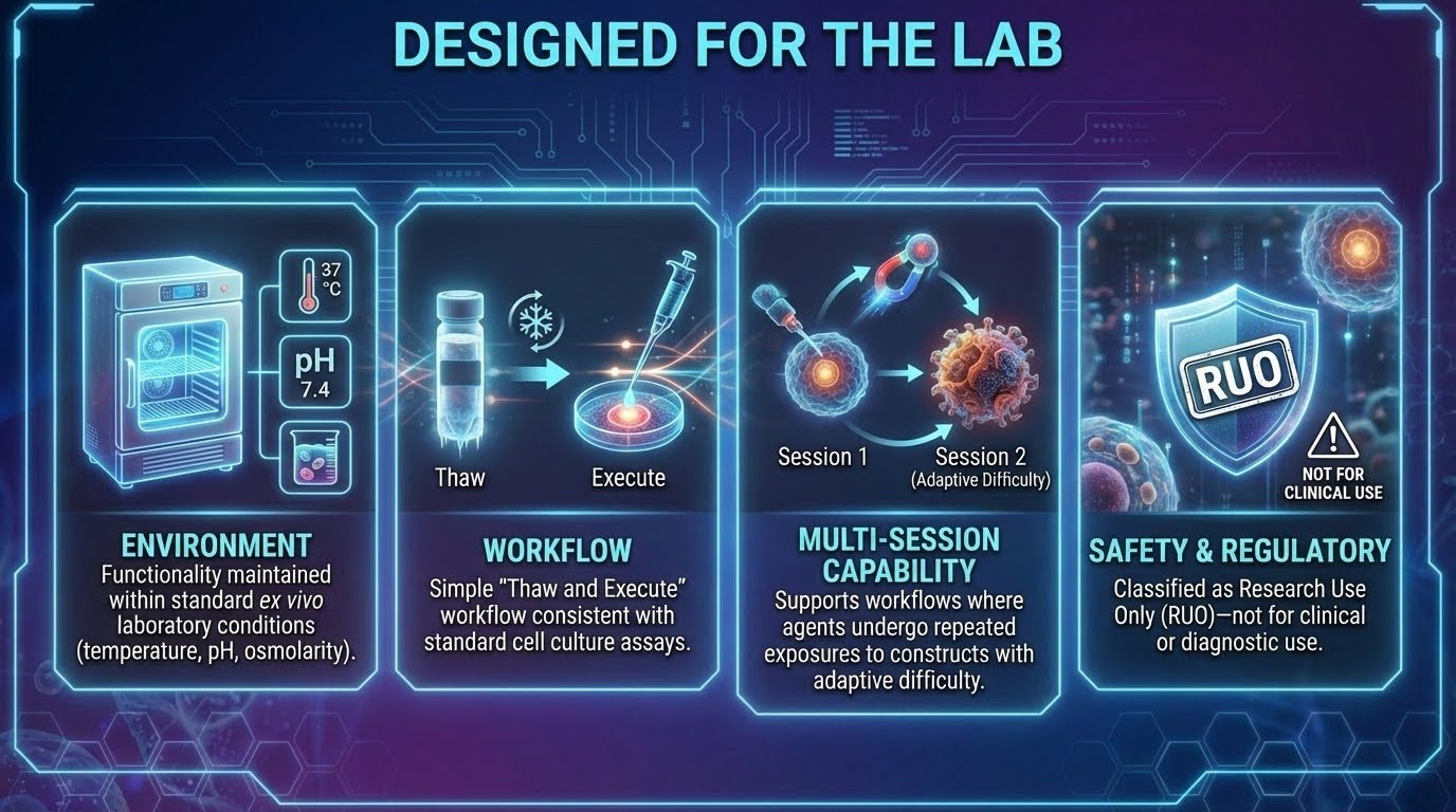Operational infographic titled 'Designed for the Lab' detailing four usage parameters: 1. Environment (compatible with standard ex vivo conditions like pH 7.4). 2. Workflow (streamlined 'Thaw and Execute' protocol). 3. Multi-Session Capability (supports iterative training with adaptive difficulty). 4. Safety & Regulatory (classified as Research Use Only/RUO; not for clinical applications).