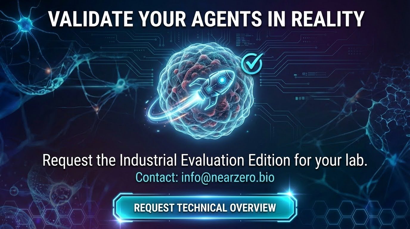 Call to Action slide titled 'Validate Your Agents in Reality' featuring a micro-robot successfully docking with a biological target. Text includes: 'Request the Industrial Evaluation Edition for your lab,' contact email 'info@nearzero.bio,' and a prompt to click the 'Request Technical Overview' button below.