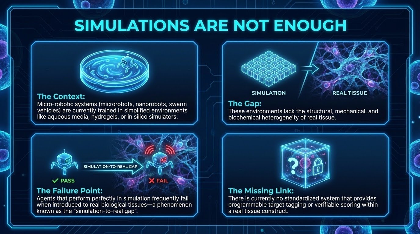 Infographic titled 'Simulations Are Not Enough' illustrating four key issues in micro-robotics: 1. The Context: Training currently occurs in simplified media like hydrogels. 2. The Gap: These lack real tissue heterogeneity. 3. The Failure Point: Agents pass in simulation but fail in real tissue. 4. The Missing Link: The industry lacks a standardized system for programmable tagging and scoring.